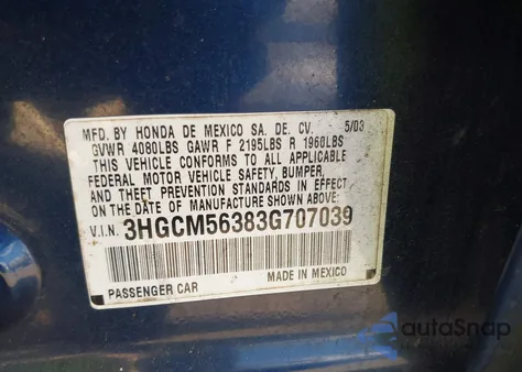 2003 Honda Accord 2.4 Lx from USA, damaged, VIN 3HGCM56383G707039